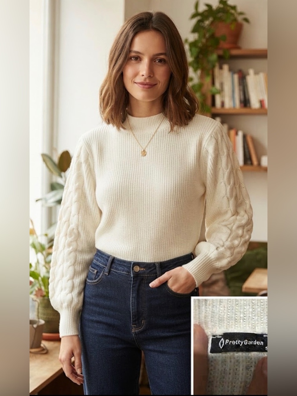PrettyGarden Cream Cable-Sleeve Turtleneck Sweater size Small
